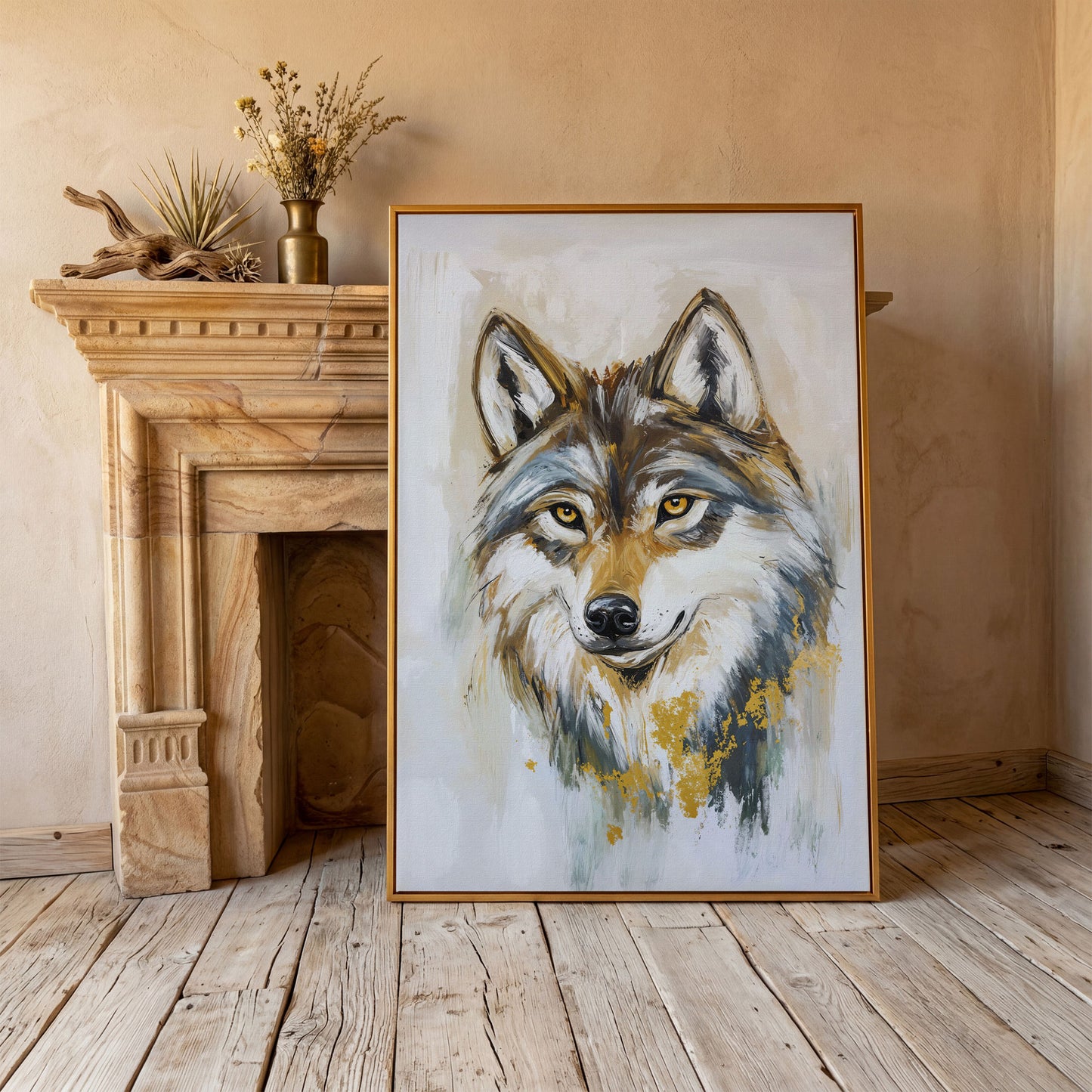 Wolf Portrait Canvas Art, Head and Chest Close-Up in antique gold floating frame