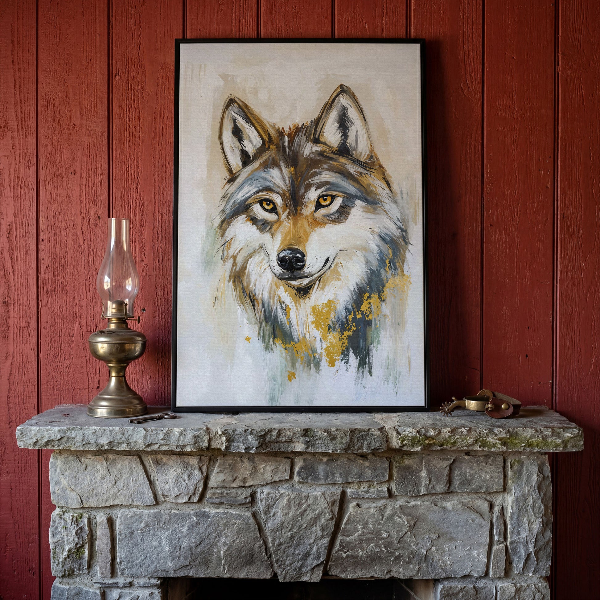 Wolf Portrait Canvas Art, Head and Chest Close-Up in black floating frame
