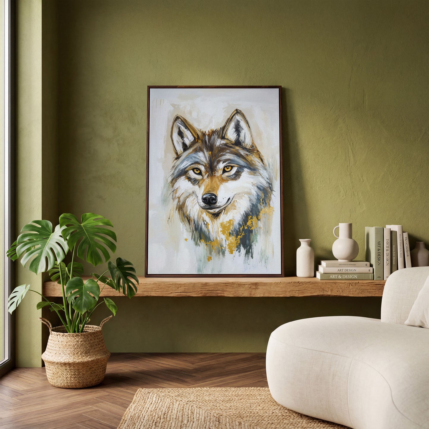 Wolf Portrait Canvas Art, Head and Chest Close-Up in dark walnut floating frame