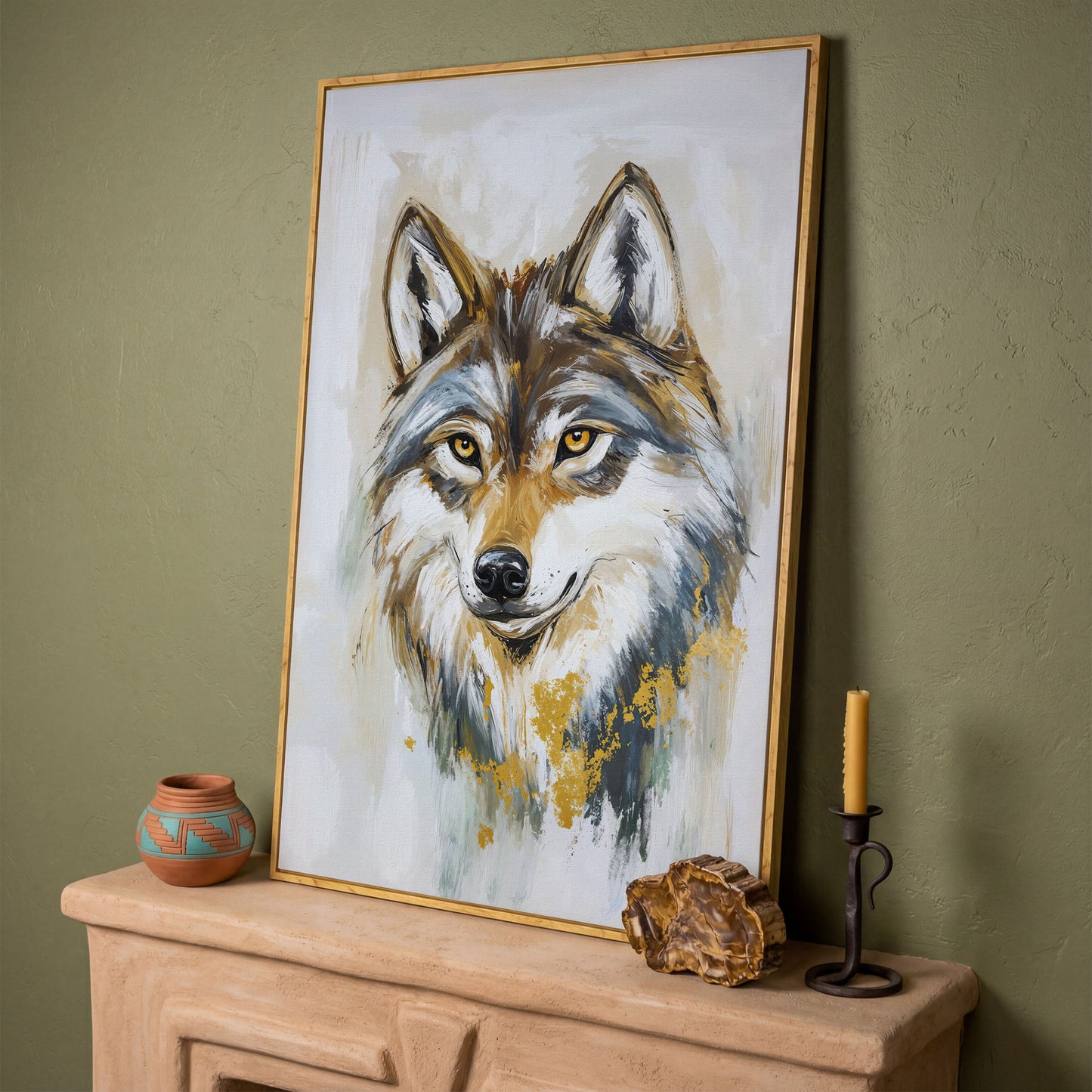 Wolf Portrait Canvas Art, Head and Chest Close-Up in white oak floating frame