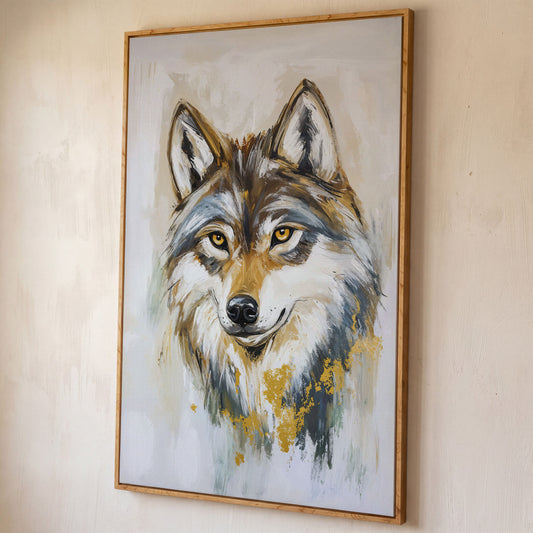 Wolf Portrait Canvas Art, Head and Chest Close-Up shown in white oak floating frame