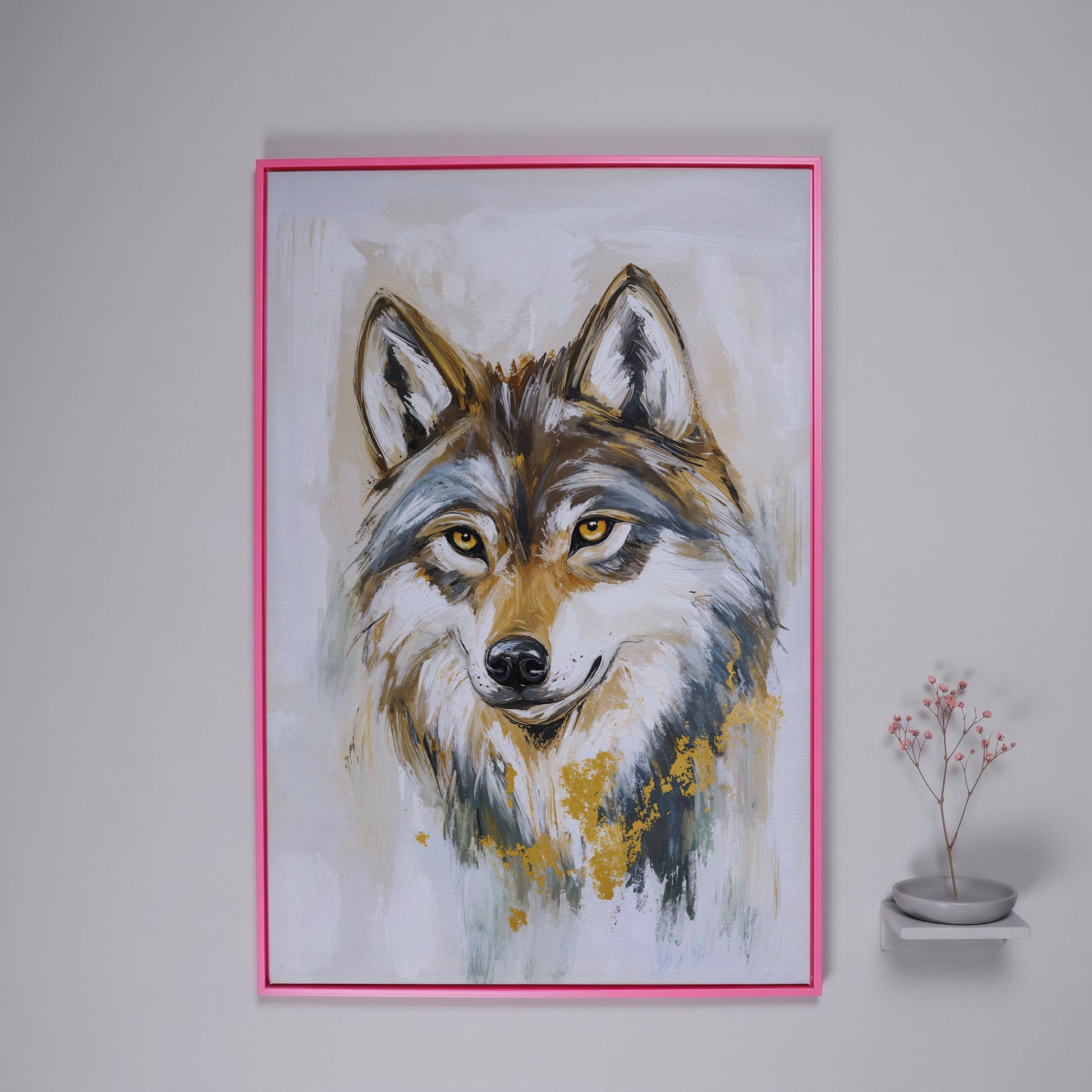 Wolf Portrait Canvas Art, Head and Chest Close-Up in pink floating frame