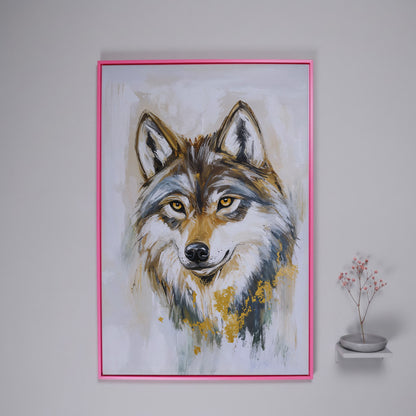 Wolf Portrait Canvas Art, Head and Chest Close-Up in pink floating frame