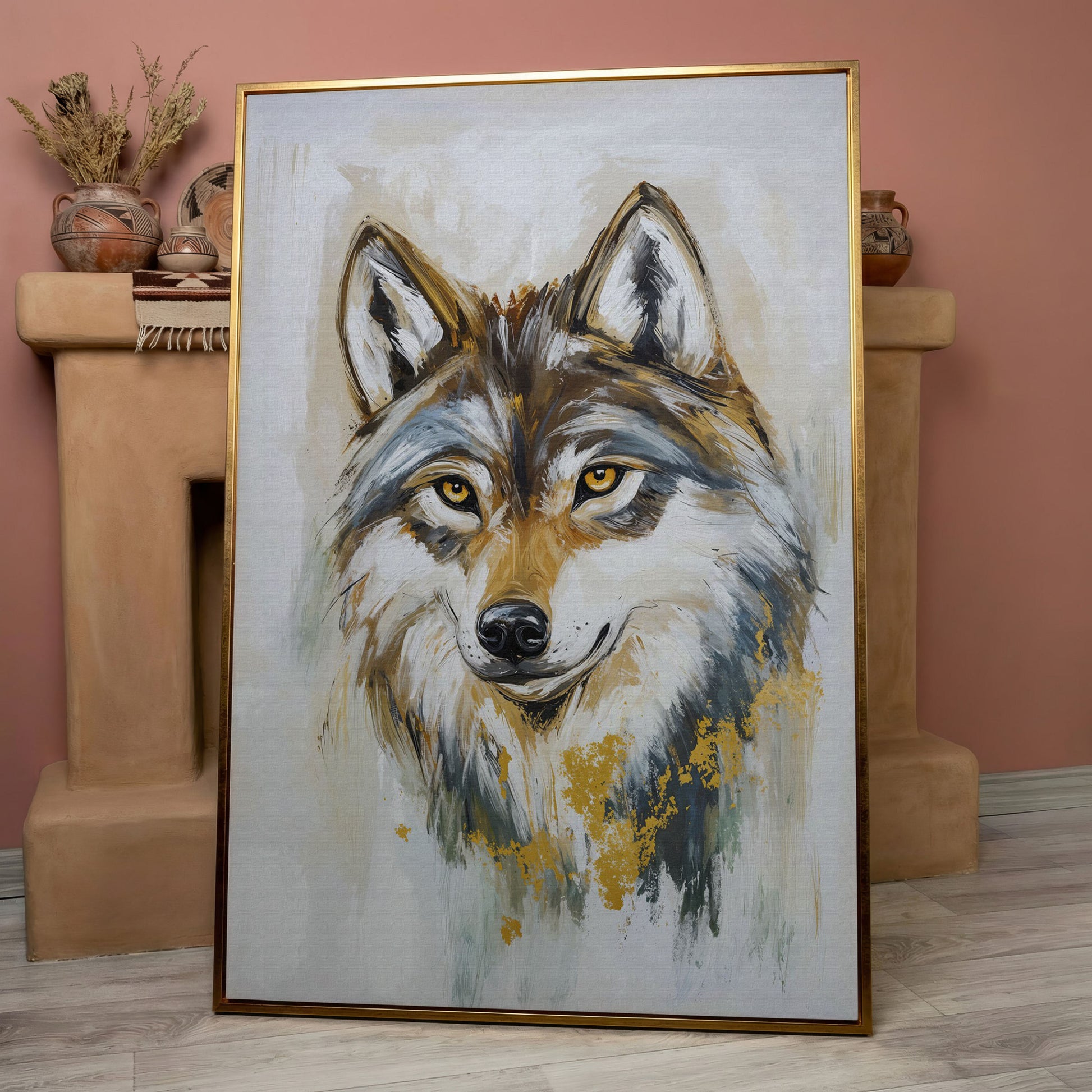 Wolf Portrait Canvas Art, Head and Chest Close-Up in rose gold floating frame