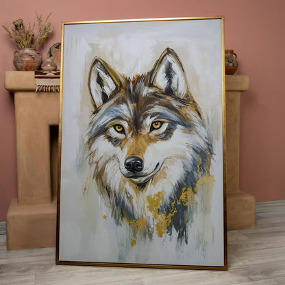 Wolf Portrait Canvas Art, Head and Chest Close-Up in rose gold floating frame