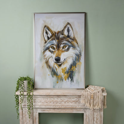Wolf Portrait Canvas Art, Head and Chest Close-Up in silver floating frame