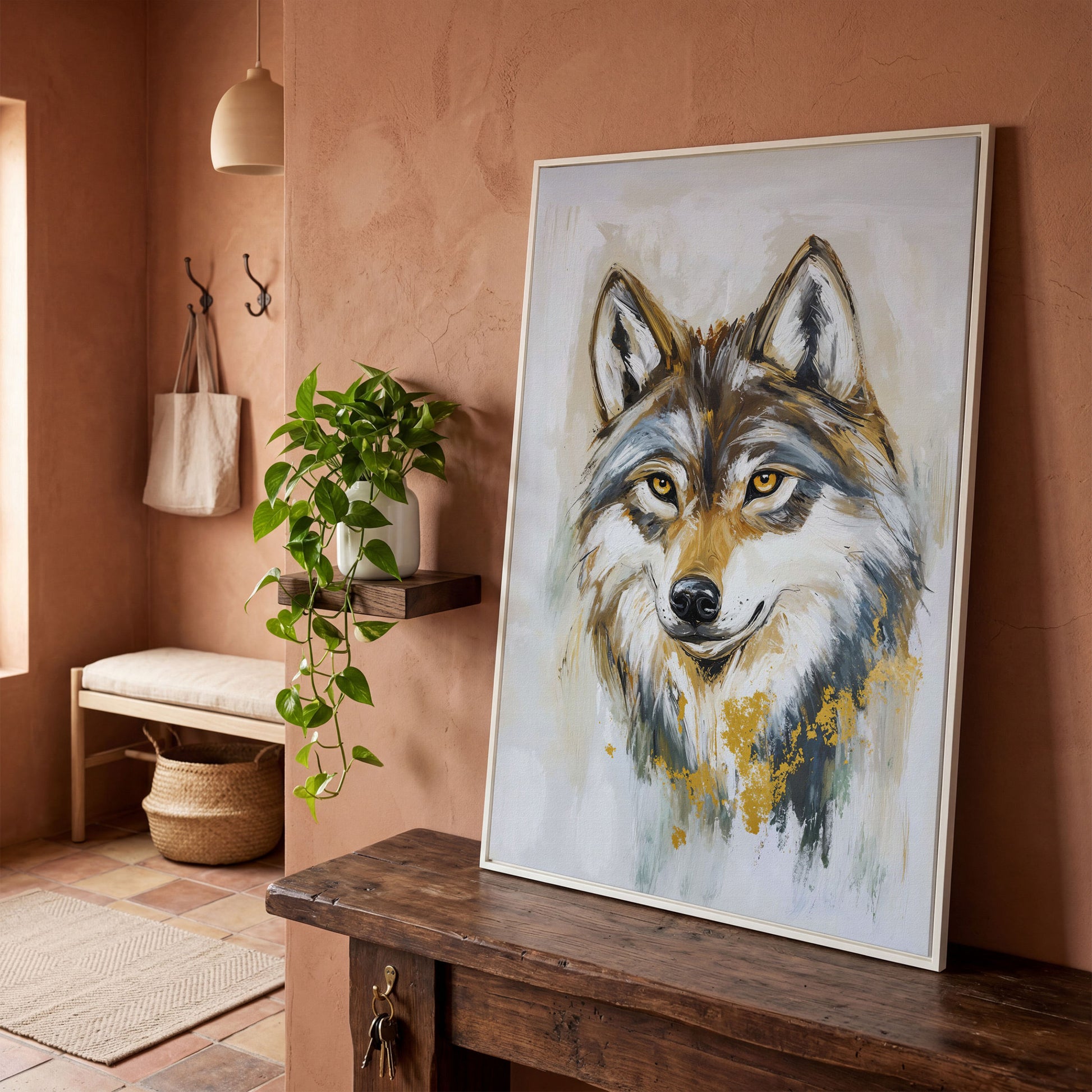 Wolf Portrait Canvas Art, Head and Chest Close-Up in white floating frame