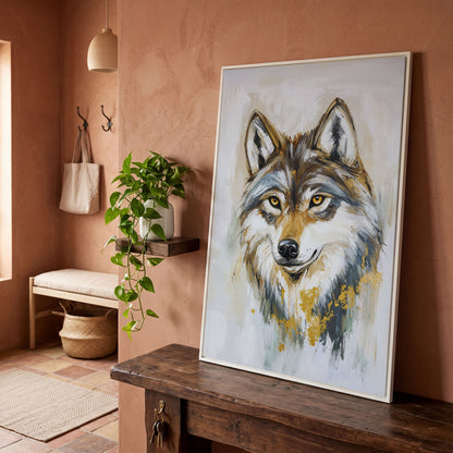 Wolf Portrait Canvas Art, Head and Chest Close-Up in white floating frame