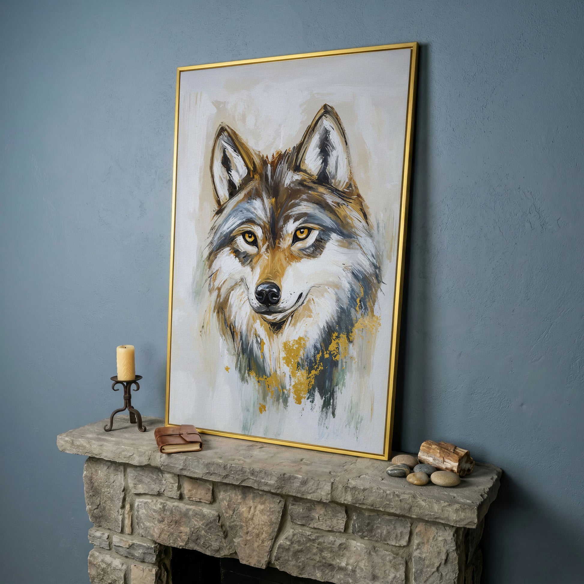 Wolf Portrait Canvas Art, Head and Chest Close-Up in yellow gold floating frame