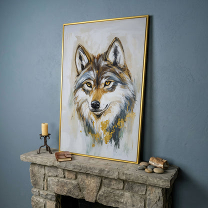 Wolf Portrait Canvas Art, Head and Chest Close-Up in yellow gold floating frame