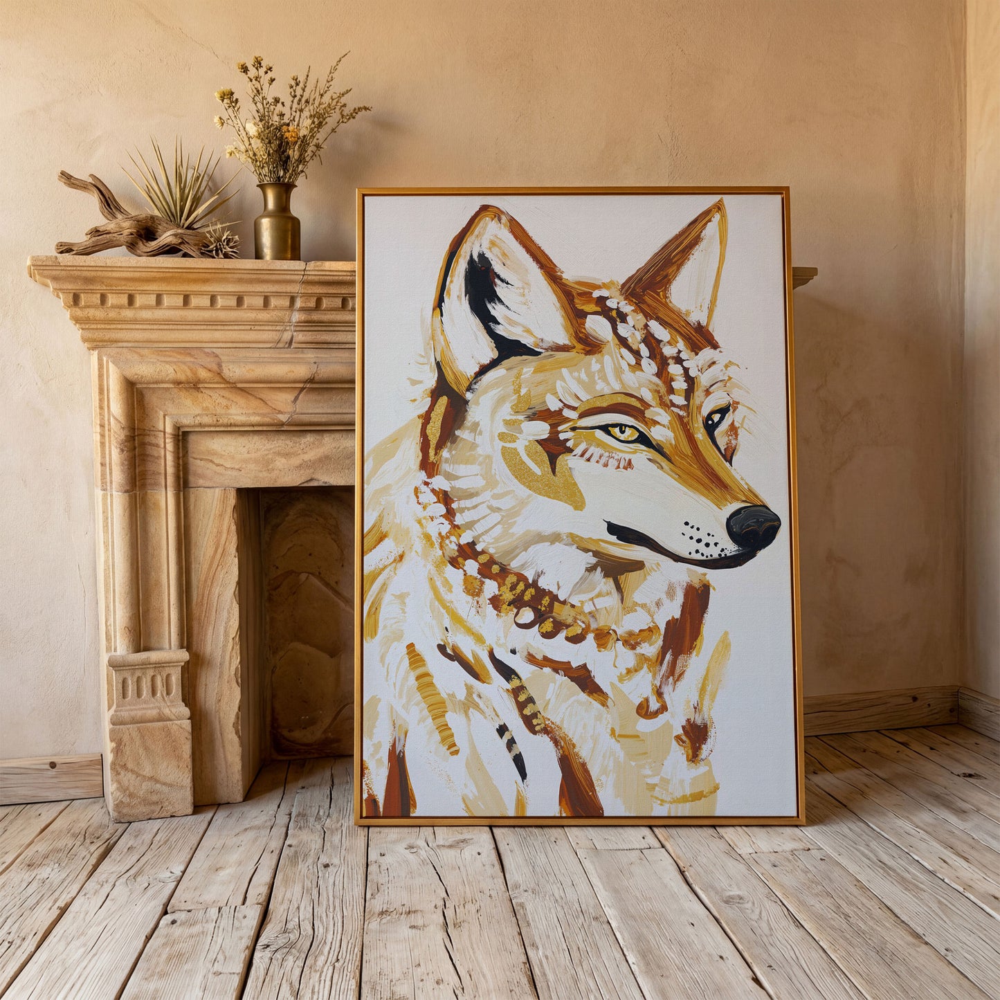 Wolf Portrait Canvas Wall Art, Wildlife Close-Up Print in antique gold floating frame