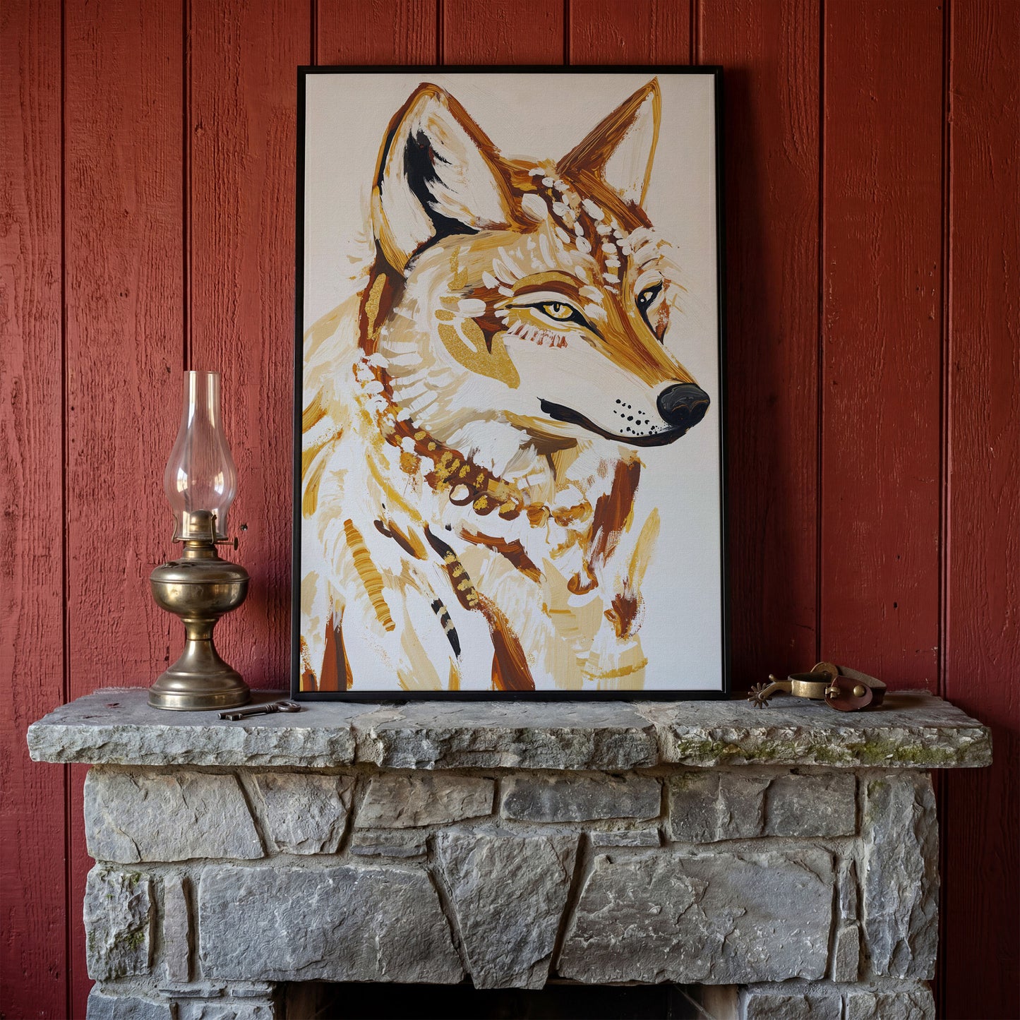 Wolf Portrait Canvas Wall Art, Wildlife Close-Up Print in black floating frame