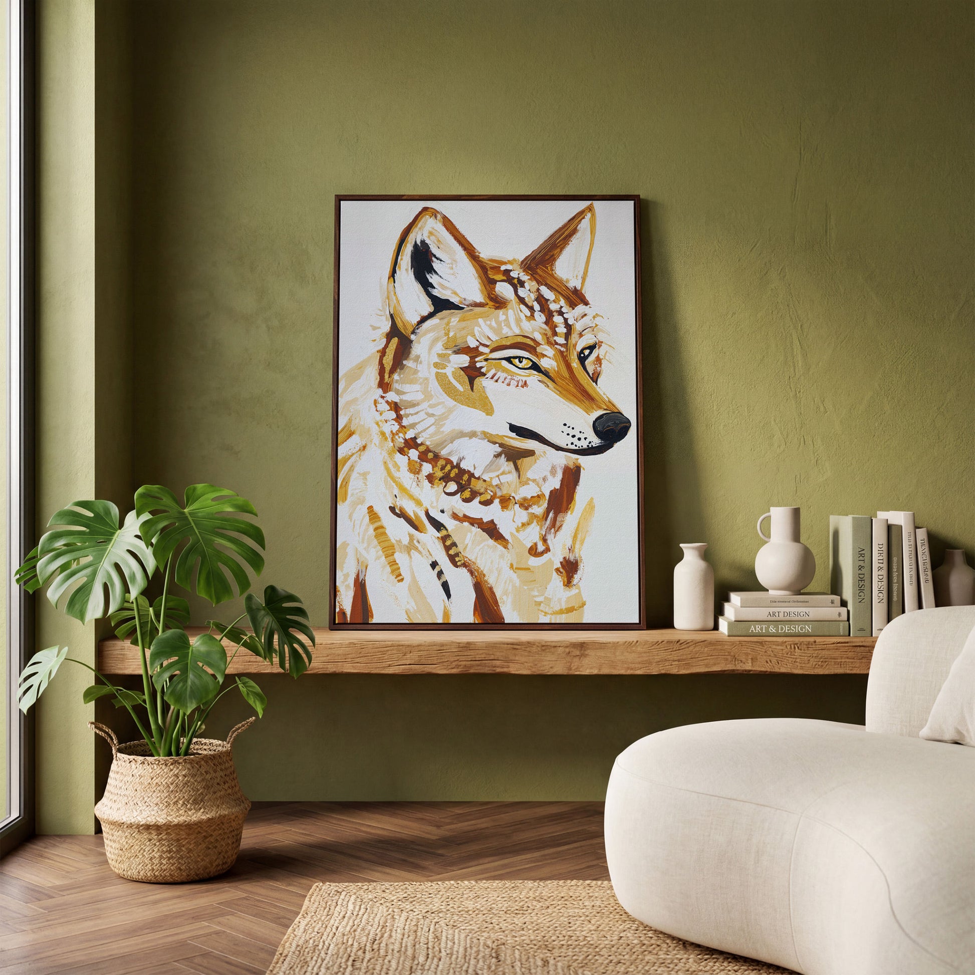 Wolf Portrait Canvas Wall Art, Wildlife Close-Up Print in dark walnut floating frame