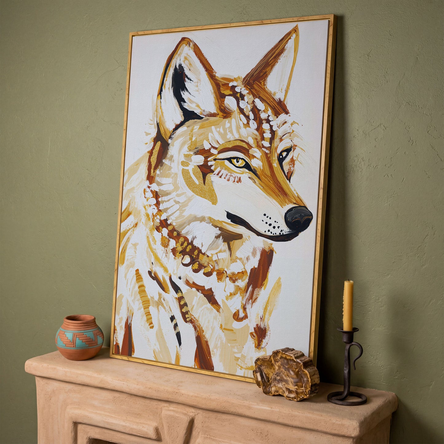 Wolf Portrait Canvas Wall Art, Wildlife Close-Up Print in white oak floating frame