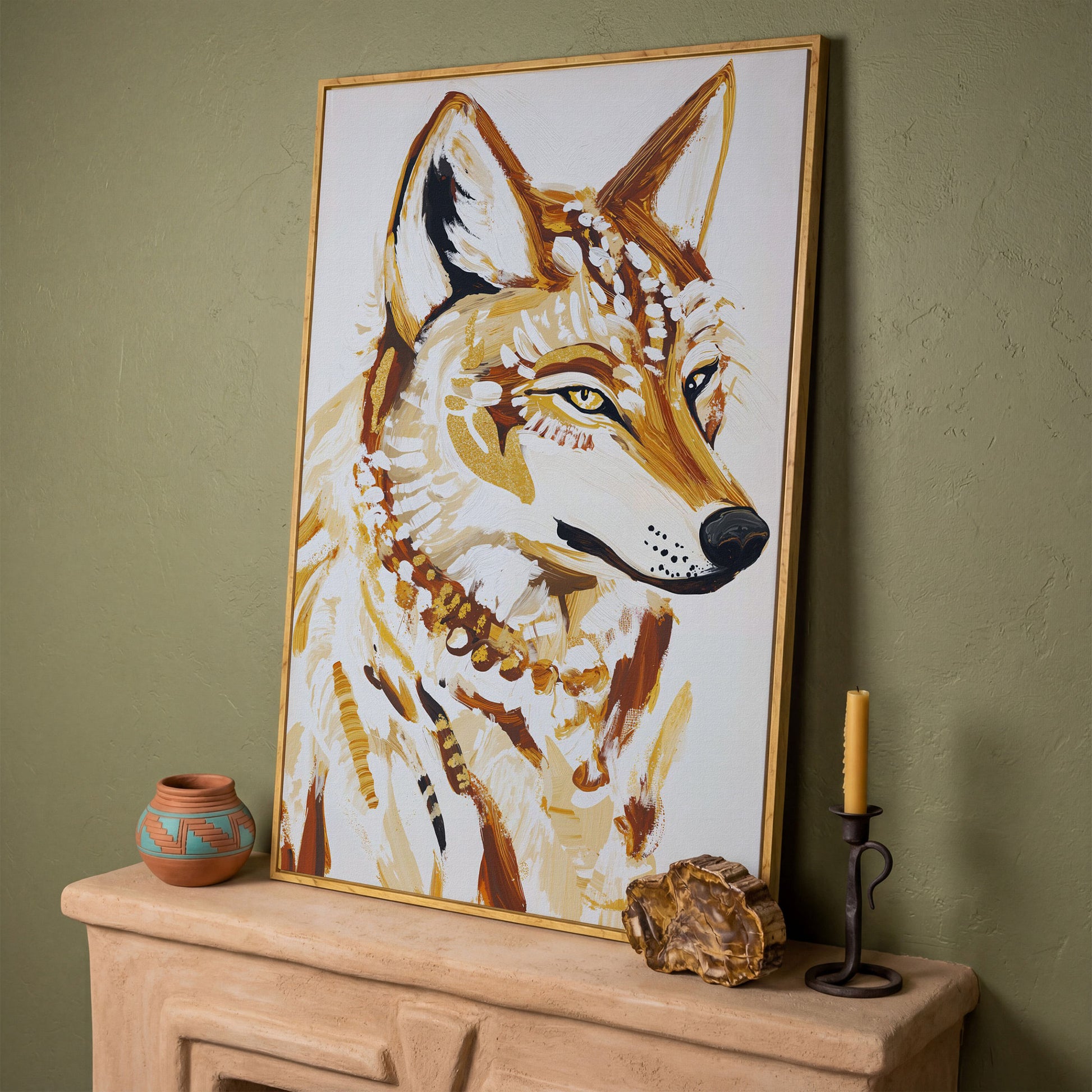 Wolf Portrait Canvas Wall Art, Wildlife Close-Up Print in white oak floating frame