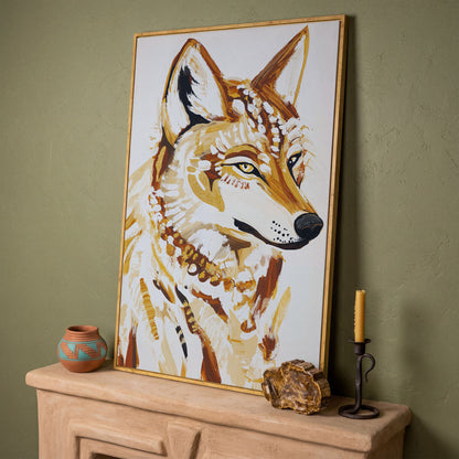 Wolf Portrait Canvas Wall Art, Wildlife Close-Up Print in white oak floating frame
