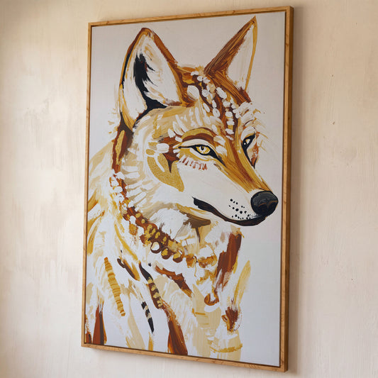 Wolf Portrait Canvas Wall Art, Wildlife Close-Up Print shown in white oak floating frame