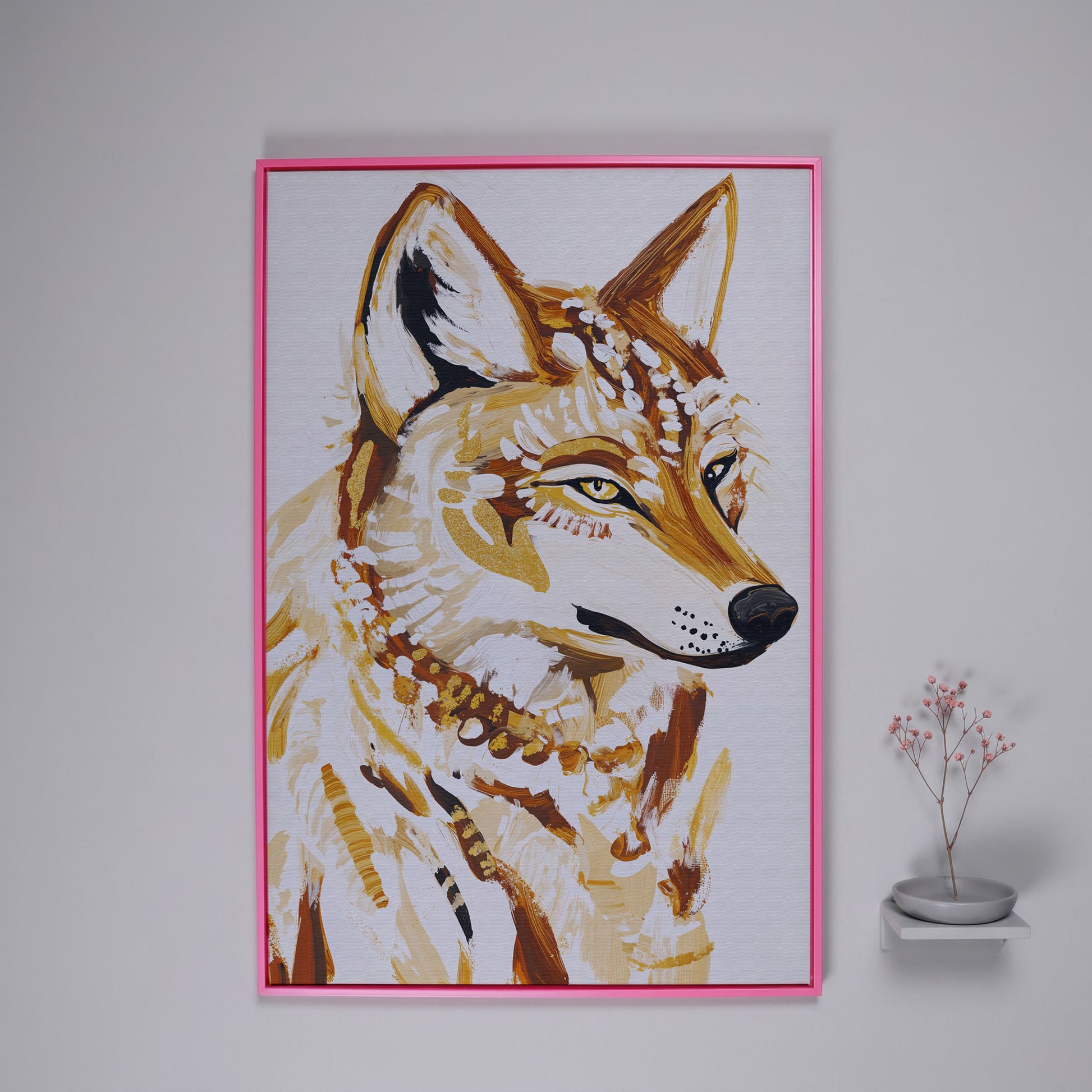 Wolf Portrait Canvas Wall Art, Wildlife Close-Up Print in pink floating frame