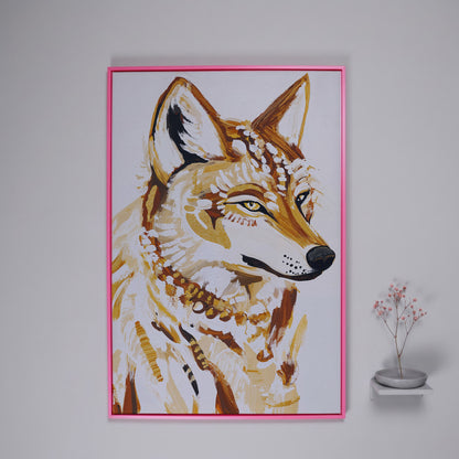 Wolf Portrait Canvas Wall Art, Wildlife Close-Up Print in pink floating frame