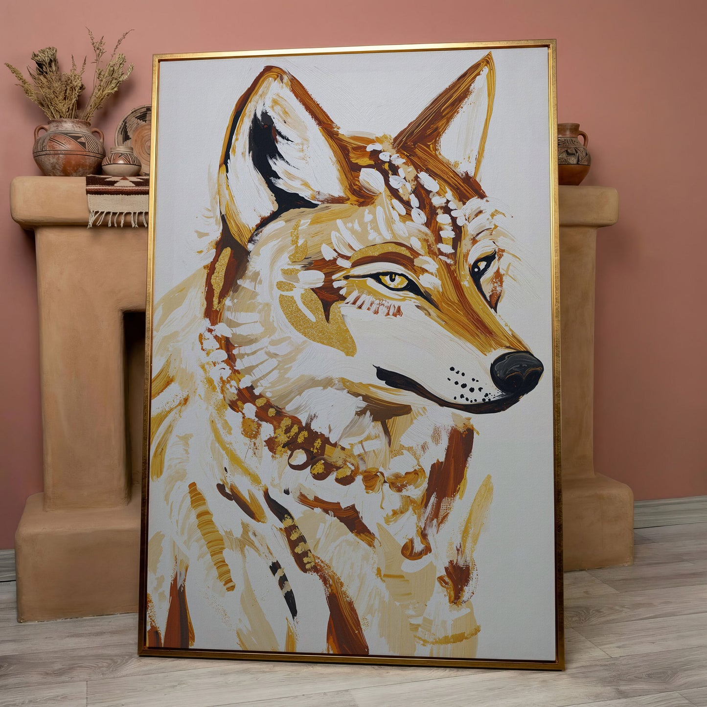 Wolf Portrait Canvas Wall Art, Wildlife Close-Up Print in rose gold floating frame