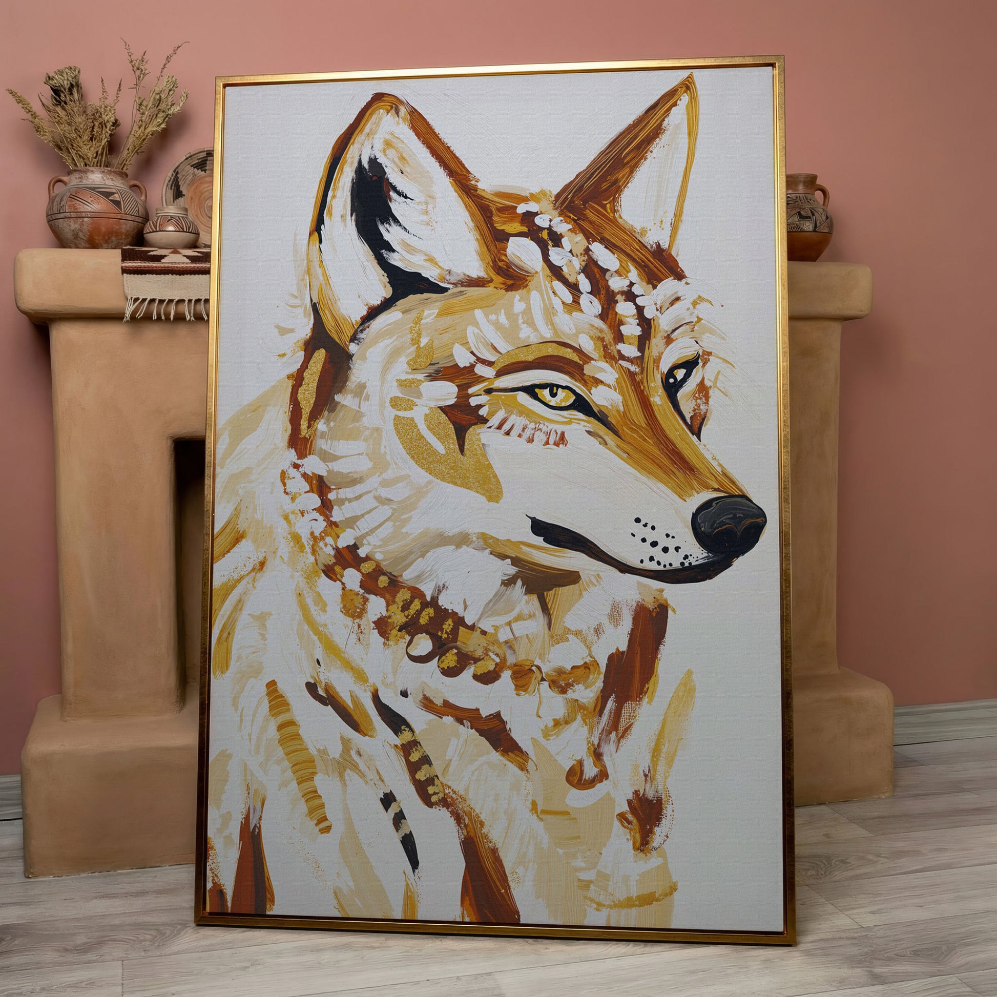 Wolf Portrait Canvas Wall Art, Wildlife Close-Up Print in rose gold floating frame