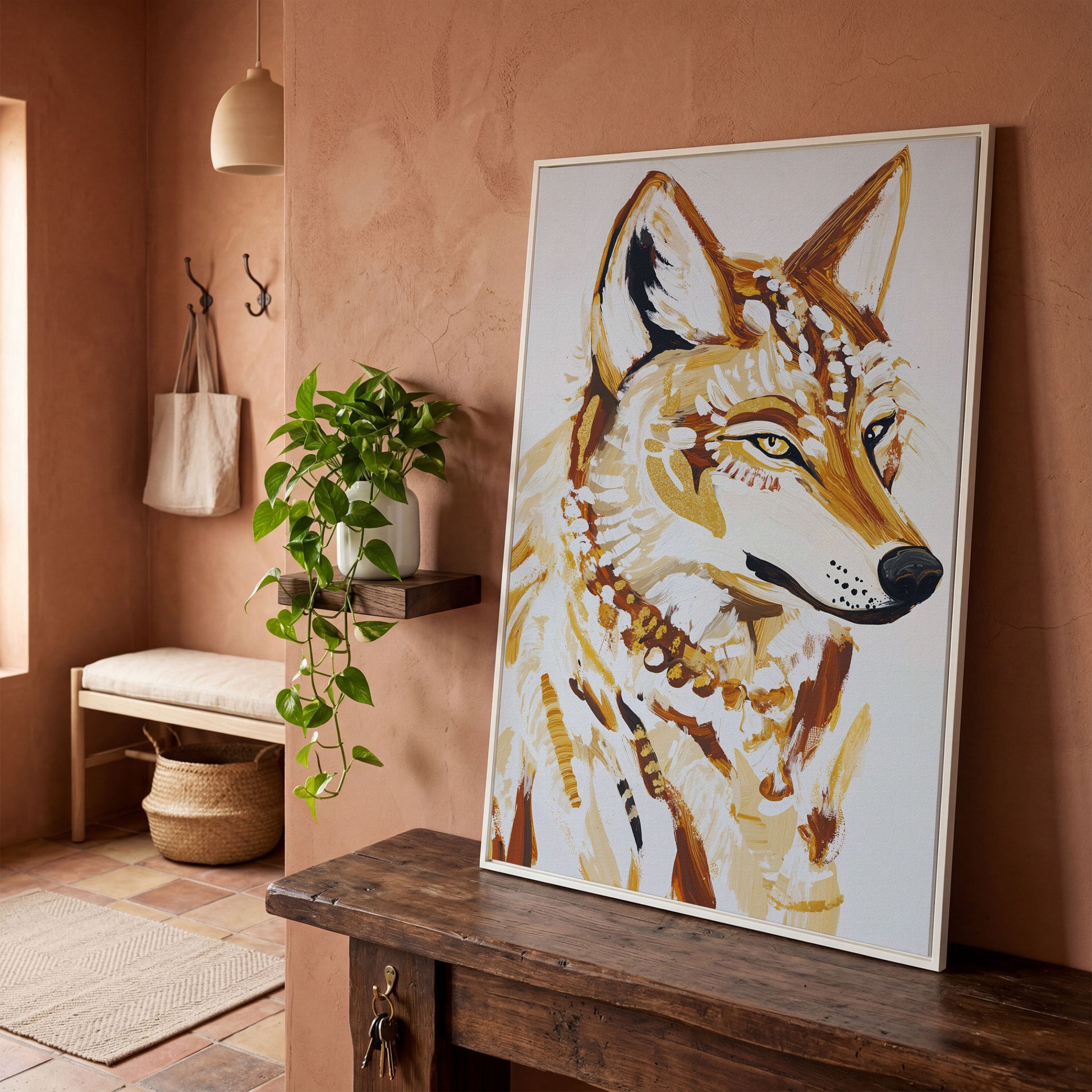 Wolf Portrait Canvas Wall Art, Wildlife Close-Up Print in white floating frame