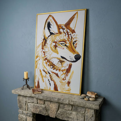 Wolf Portrait Canvas Wall Art, Wildlife Close-Up Print in yellow gold floating frame