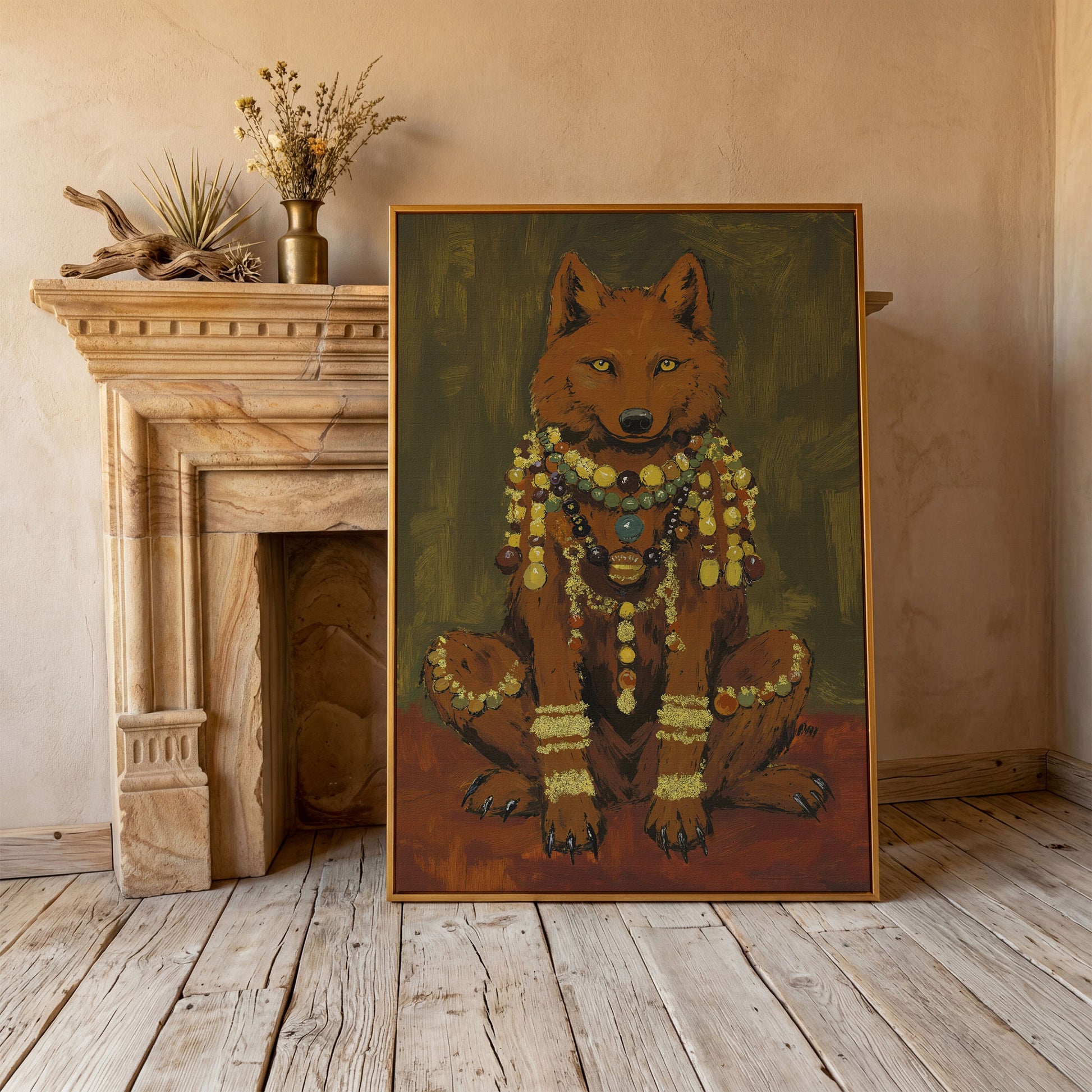 Jeweled Wolf Portrait Canvas Art, Beaded Necklaces and Gold Accents in antique gold floating frame
