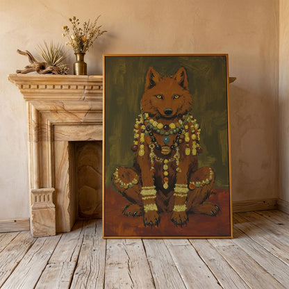 Jeweled Wolf Portrait Canvas Art, Beaded Necklaces and Gold Accents in antique gold floating frame