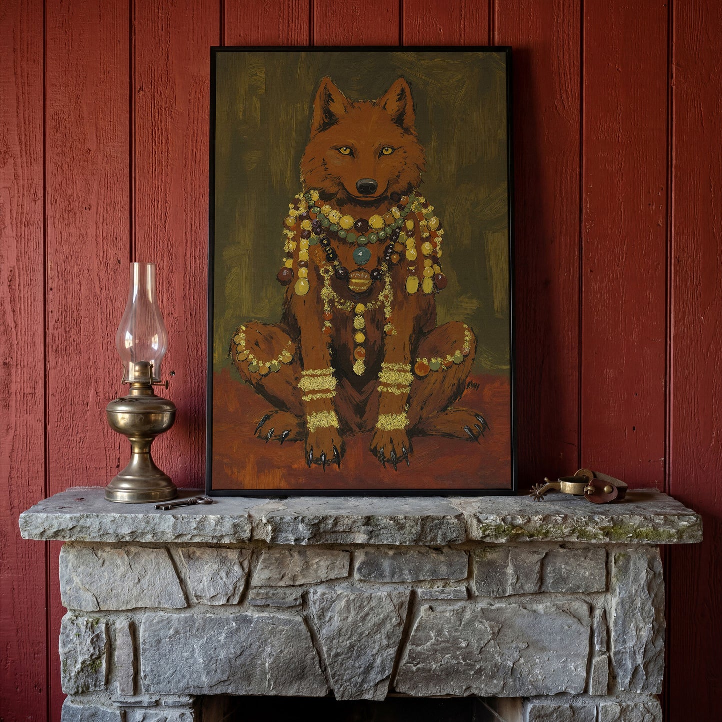 Jeweled Wolf Portrait Canvas Art, Beaded Necklaces and Gold Accents in black floating frame