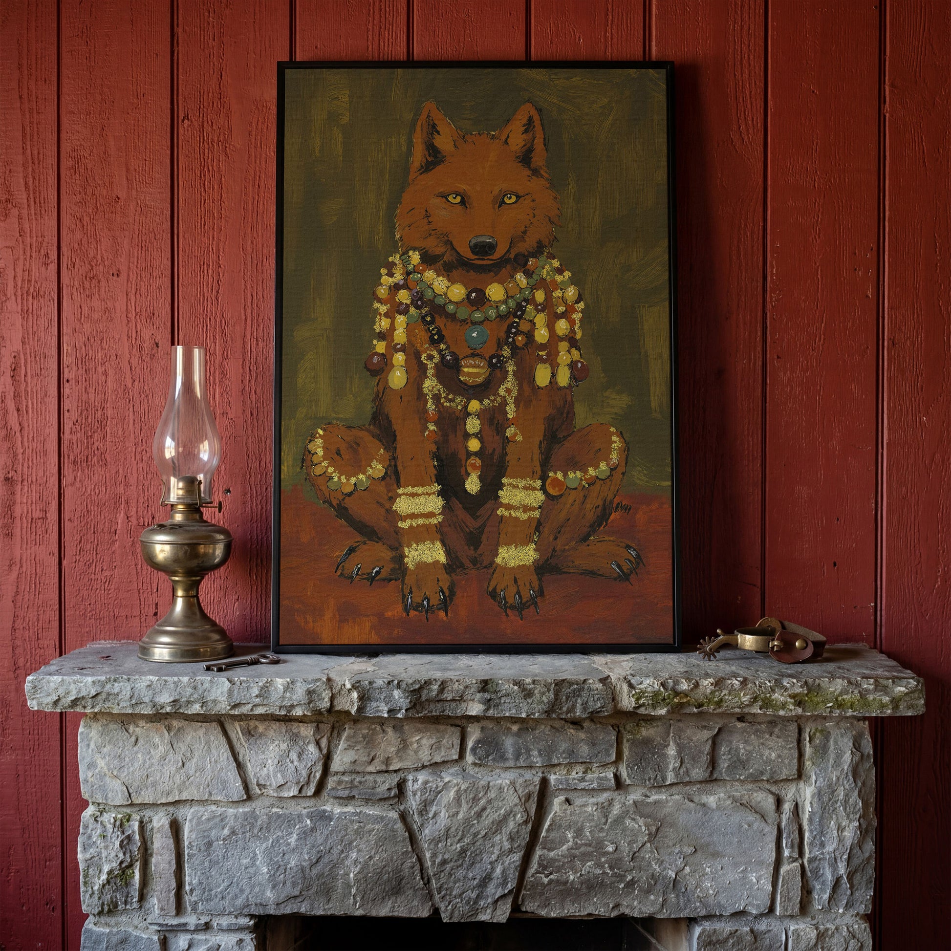 Jeweled Wolf Portrait Canvas Art, Beaded Necklaces and Gold Accents in black floating frame