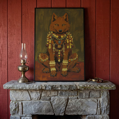 Jeweled Wolf Portrait Canvas Art, Beaded Necklaces and Gold Accents in black floating frame
