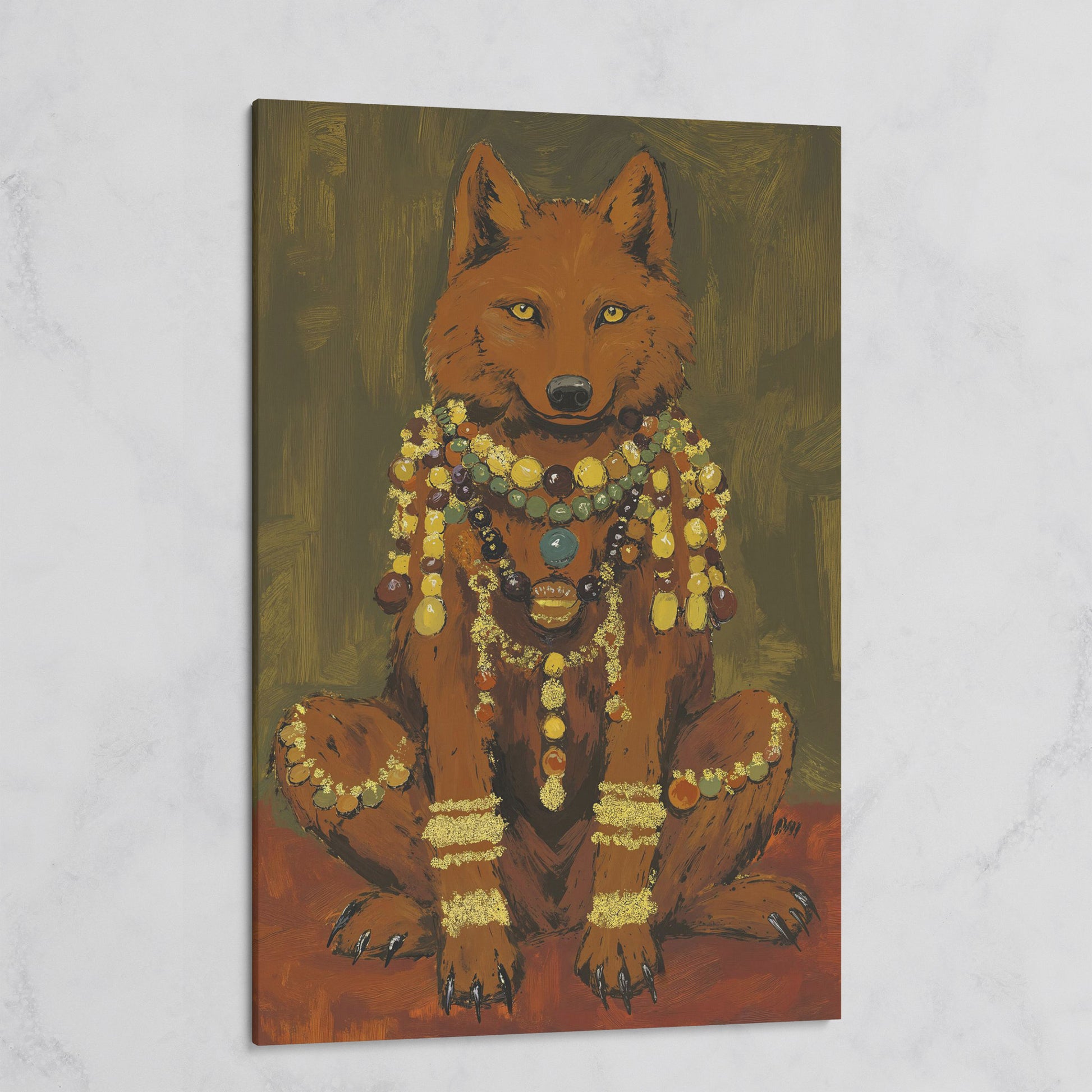 Jeweled Wolf Portrait Canvas Art, Beaded Necklaces and Gold Accents on gallery wrap