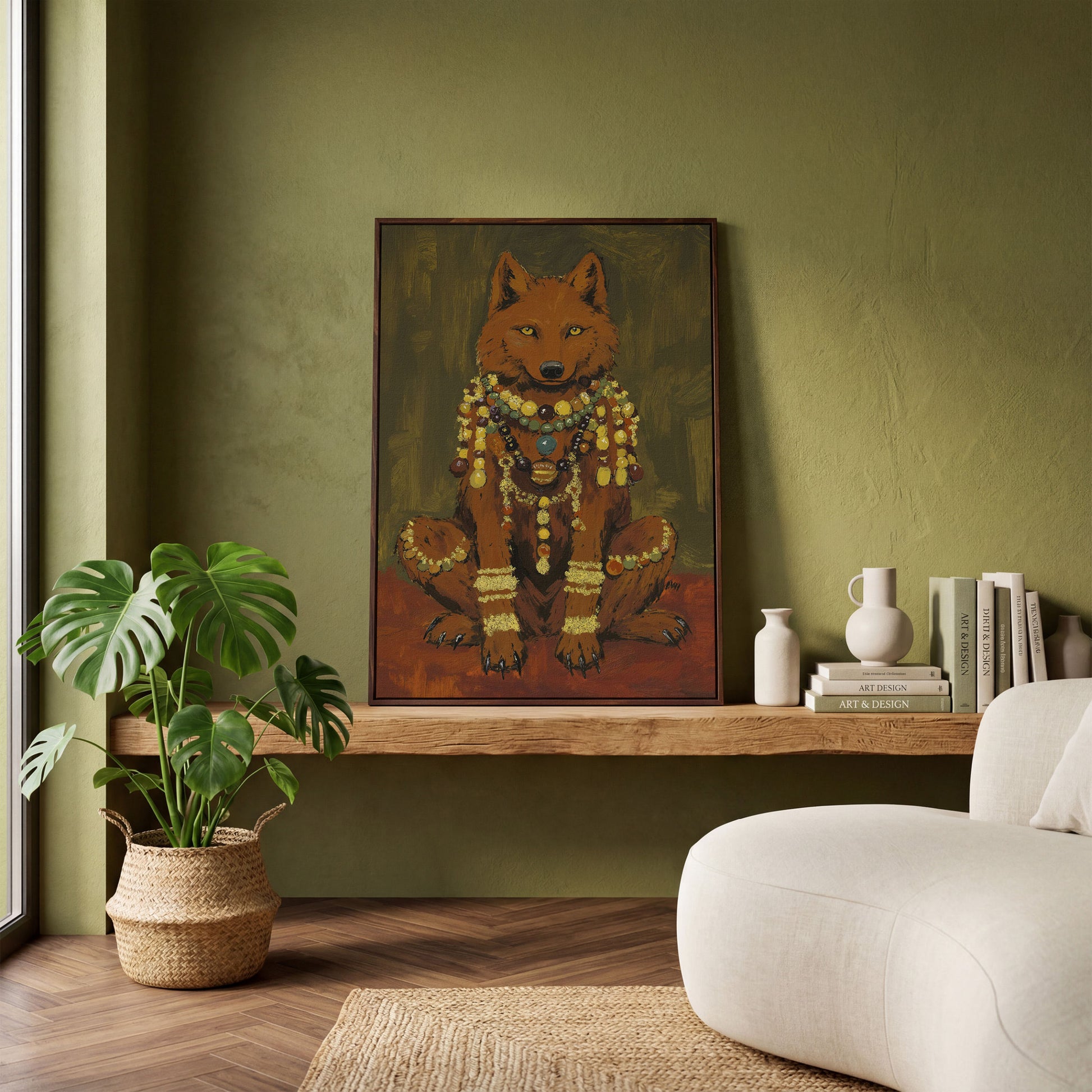 Jeweled Wolf Portrait Canvas Art, Beaded Necklaces and Gold Accents in dark walnut floating frame