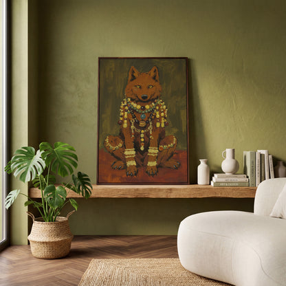 Jeweled Wolf Portrait Canvas Art, Beaded Necklaces and Gold Accents in dark walnut floating frame