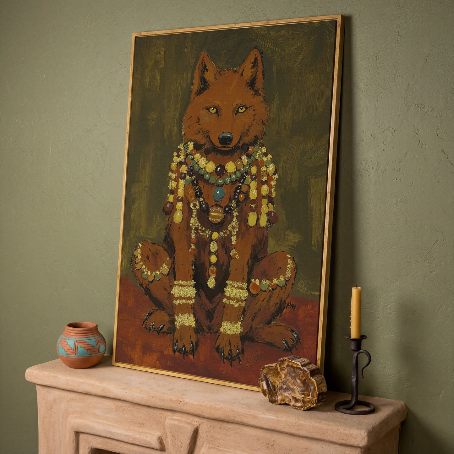 Jeweled Wolf Portrait Canvas Art, Beaded Necklaces and Gold Accents in white oak floating frame