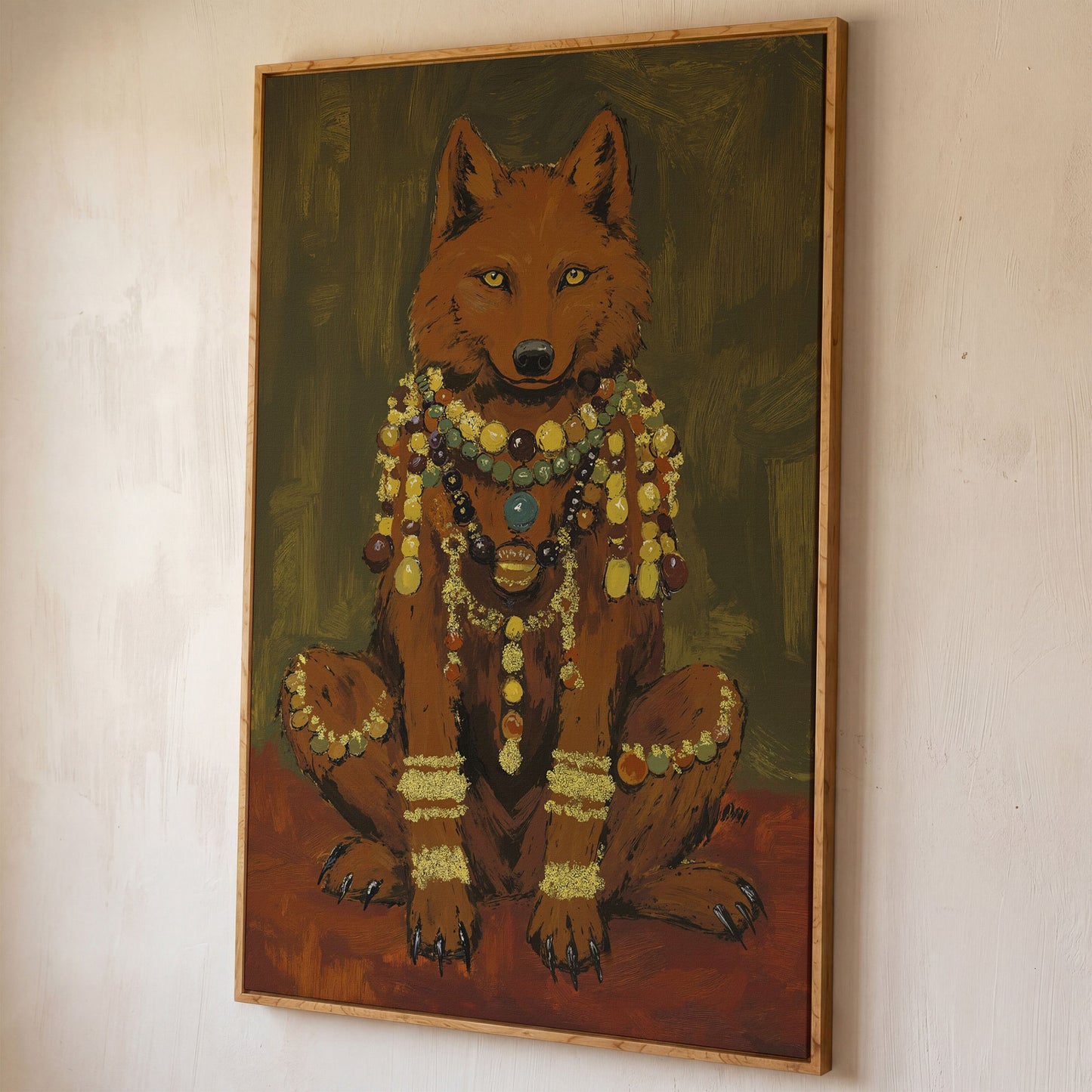Jeweled Wolf Portrait Canvas Art, Beaded Necklaces and Gold Accents shown in white oak floating frame