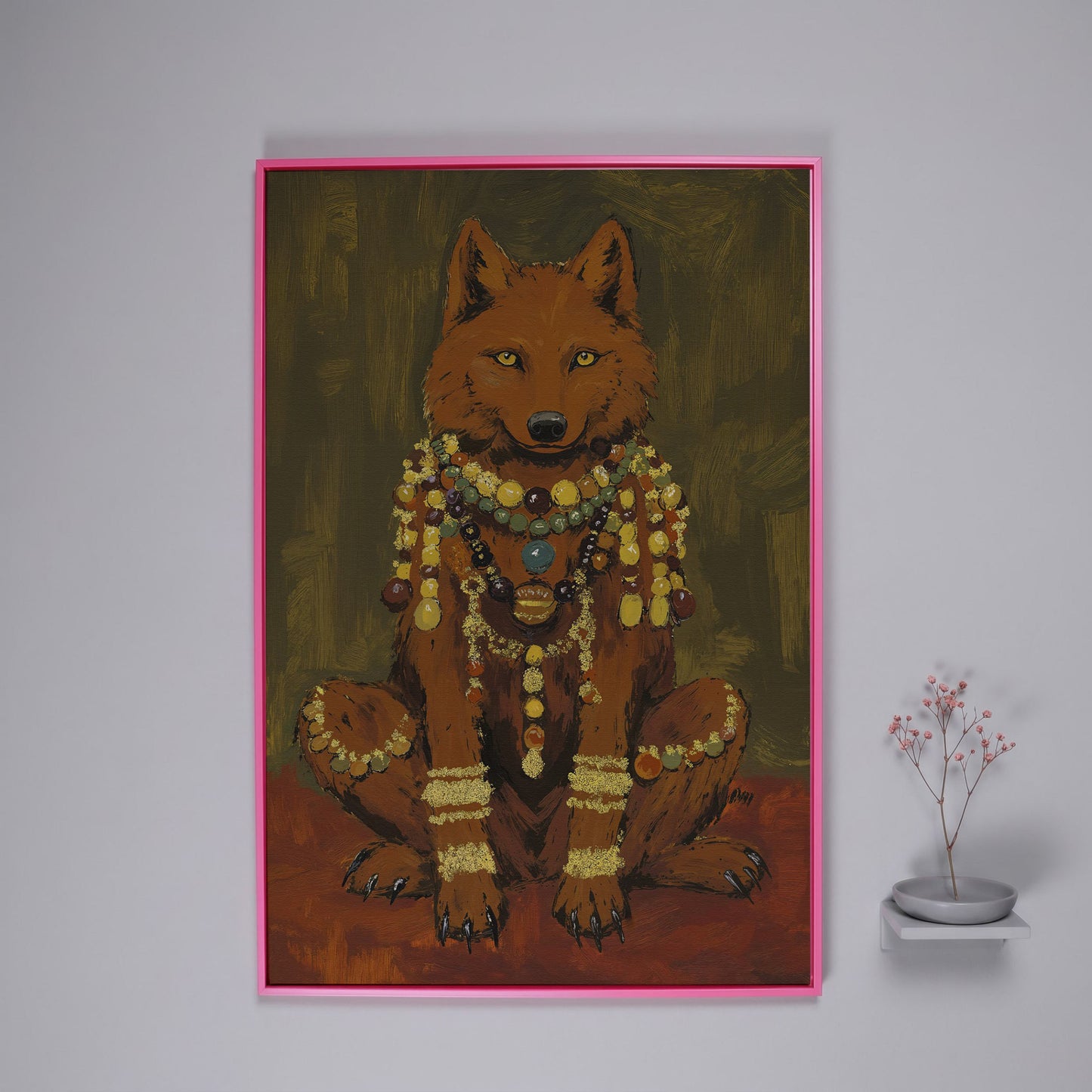 Jeweled Wolf Portrait Canvas Art, Beaded Necklaces and Gold Accents in pink floating frame