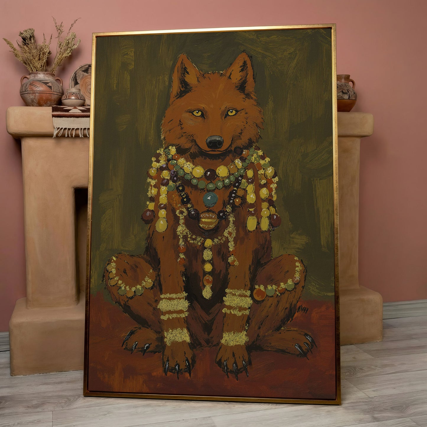 Jeweled Wolf Portrait Canvas Art, Beaded Necklaces and Gold Accents in rose gold floating frame