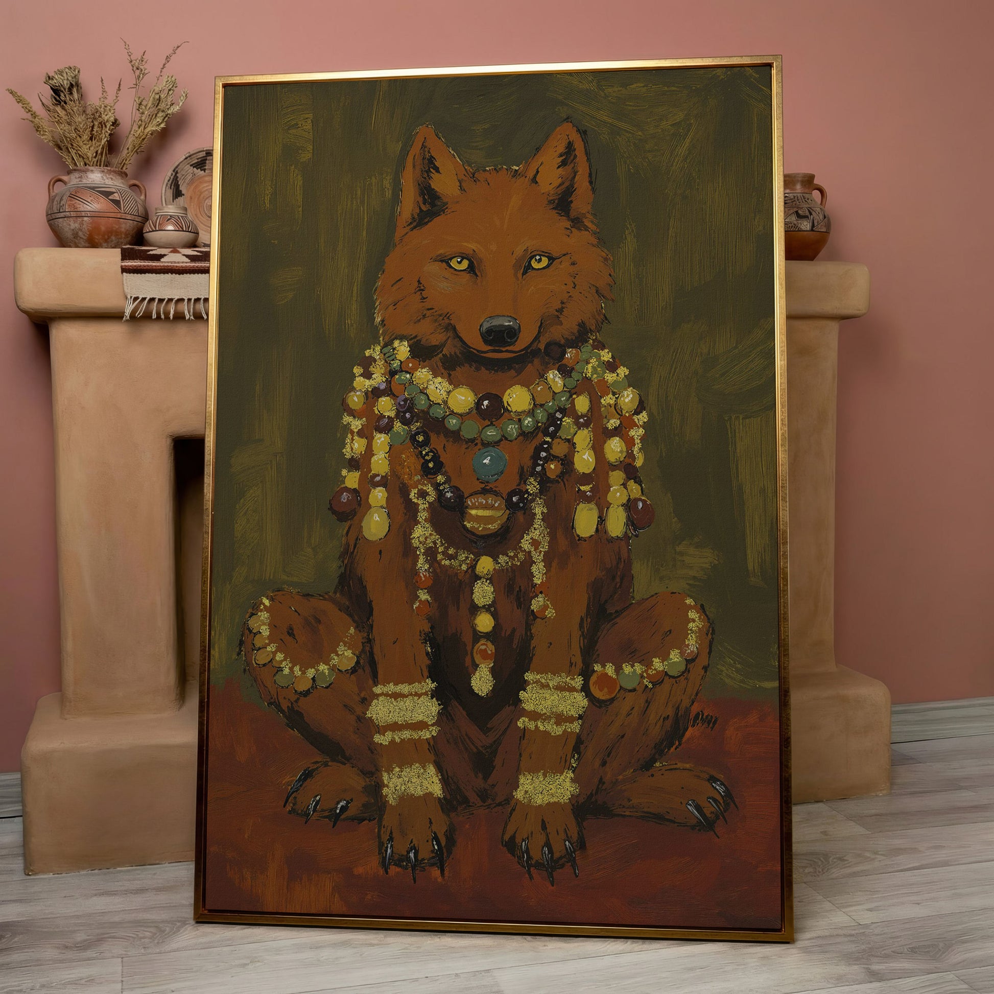 Jeweled Wolf Portrait Canvas Art, Beaded Necklaces and Gold Accents in rose gold floating frame