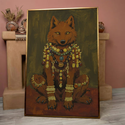 Jeweled Wolf Portrait Canvas Art, Beaded Necklaces and Gold Accents in rose gold floating frame