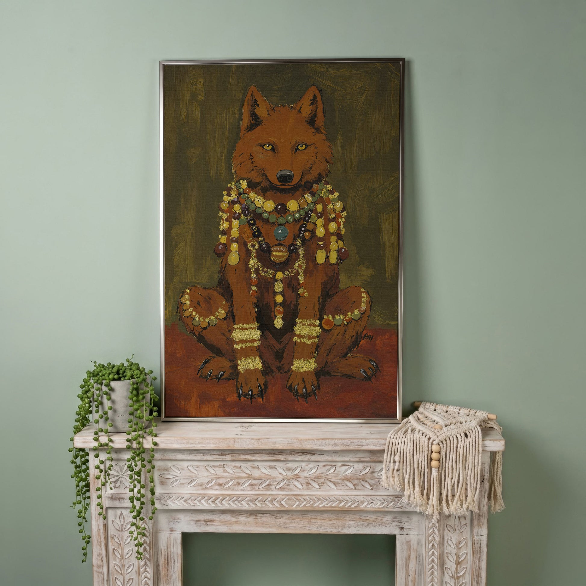 Jeweled Wolf Portrait Canvas Art, Beaded Necklaces and Gold Accents in silver floating frame