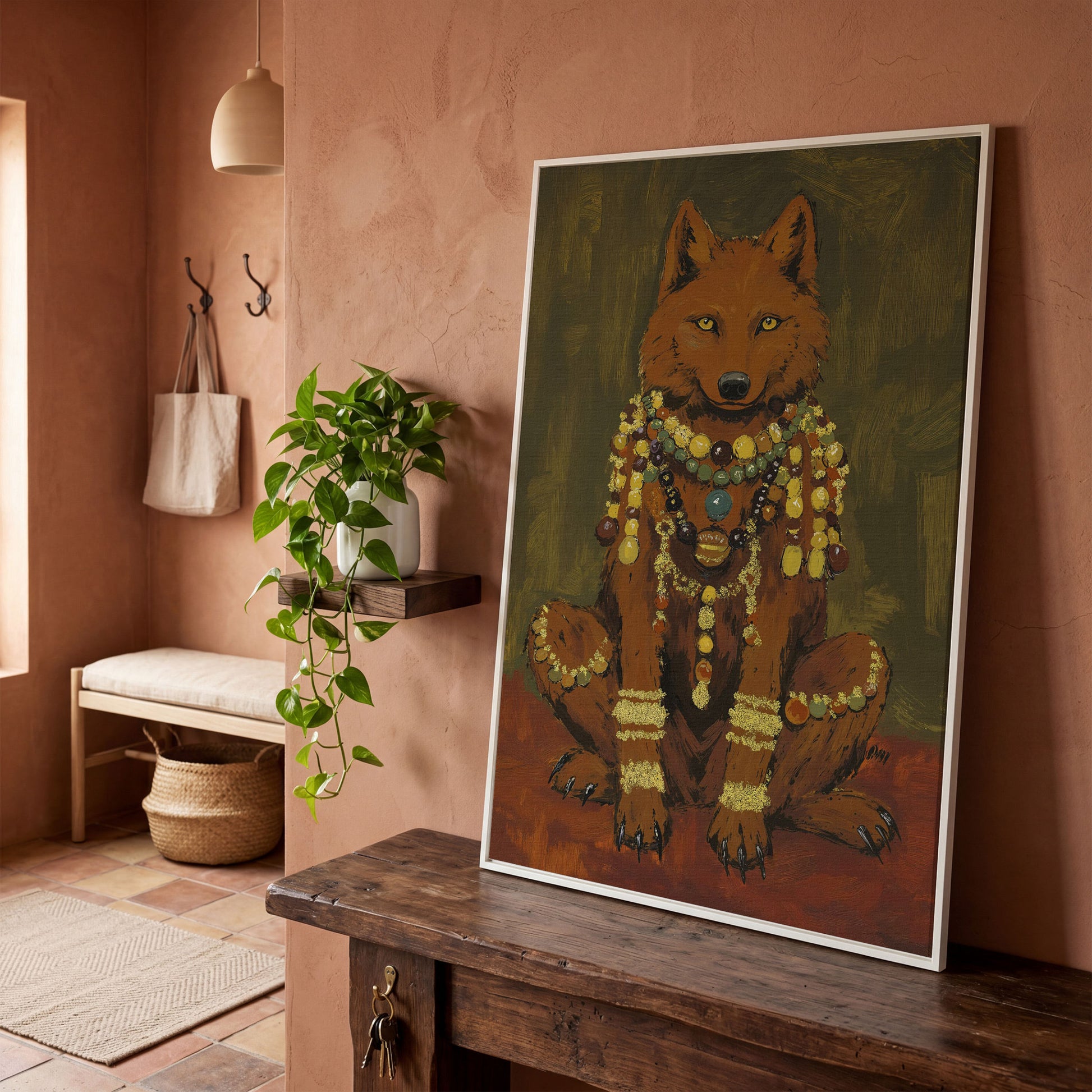 Jeweled Wolf Portrait Canvas Art, Beaded Necklaces and Gold Accents in white floating frame