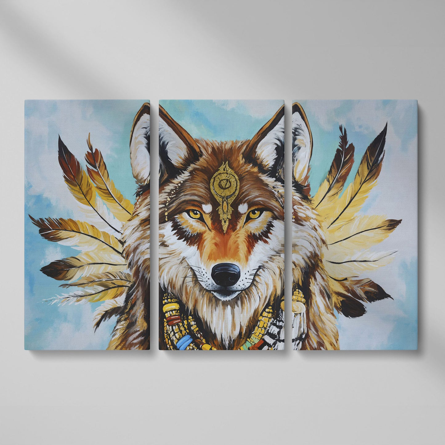 Wolf Portrait with Feathers and Jewelry Canvas Wall Art as 3-panel split version