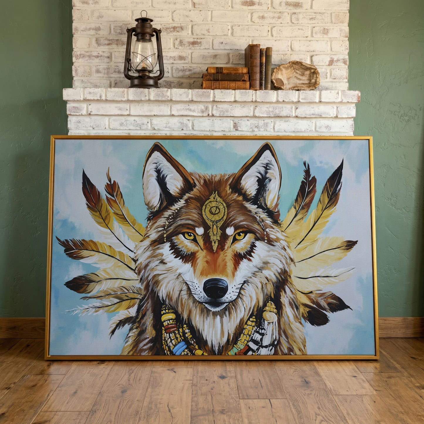 Wolf Portrait with Feathers and Jewelry Canvas Wall Art in antique gold floating frame