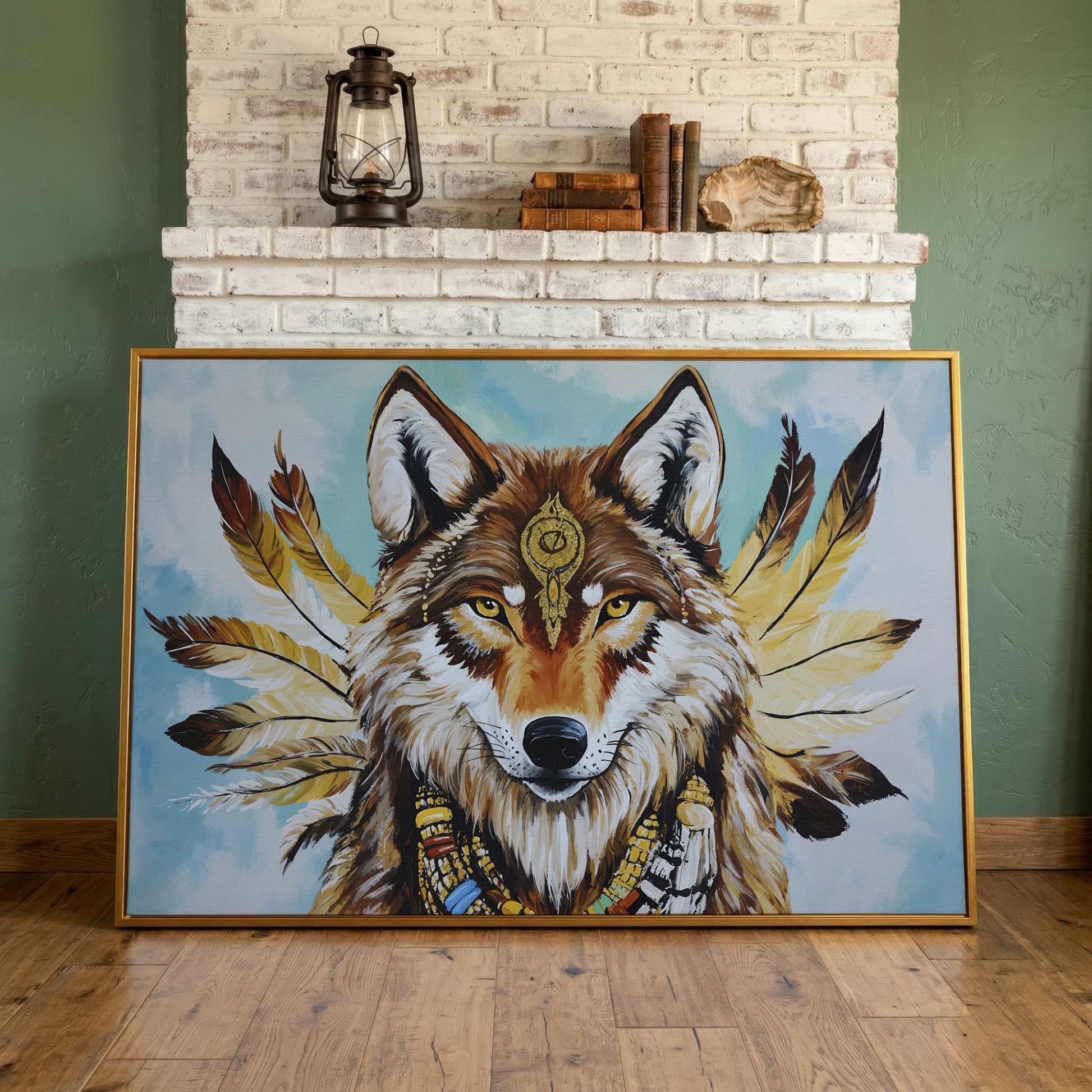 Wolf Portrait with Feathers and Jewelry Canvas Wall Art in antique gold floating frame