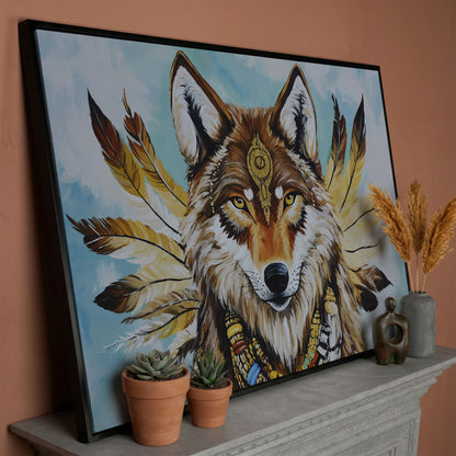Wolf Portrait with Feathers and Jewelry Canvas Wall Art in black floating frame