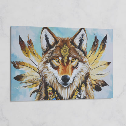 Wolf Portrait with Feathers and Jewelry Canvas Wall Art on gallery wrap