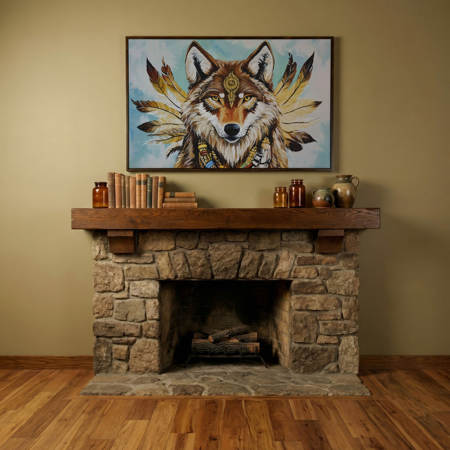 Wolf Portrait with Feathers and Jewelry Canvas Wall Art in dark walnut floating frame