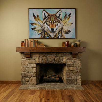 Wolf Portrait with Feathers and Jewelry Canvas Wall Art in dark walnut floating frame